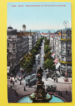 Ansichtskarte AK Zürich / Bahnhofstraße / 1905-1920 / Straßenbahn – Alfred Escher Denkmal – Grand Hotel National